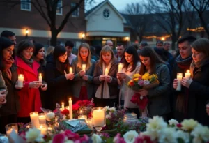 Community members gather in mourning for the fire victims outside a school.