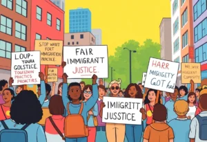 A diverse group of community members holding signs for immigration reform.