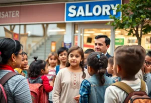 Community members engaging in a discussion on child safety outside of a retail store.