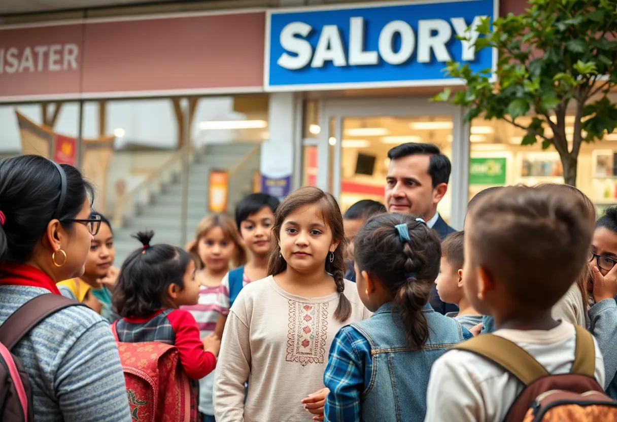 Community members engaging in a discussion on child safety outside of a retail store.