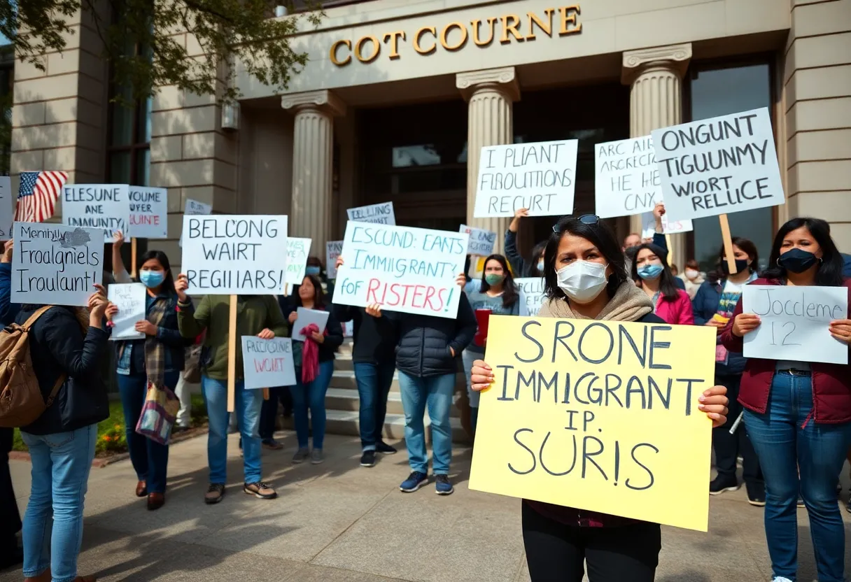 Protesters supporting immigrant rights outside a courthouse