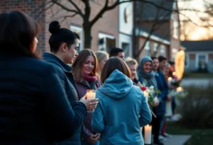 Residents gathering in support outside a school after tragedy.