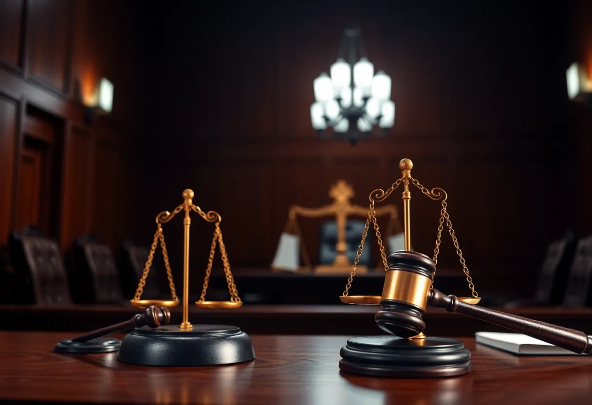 A courtroom image showing legal elements representing justice