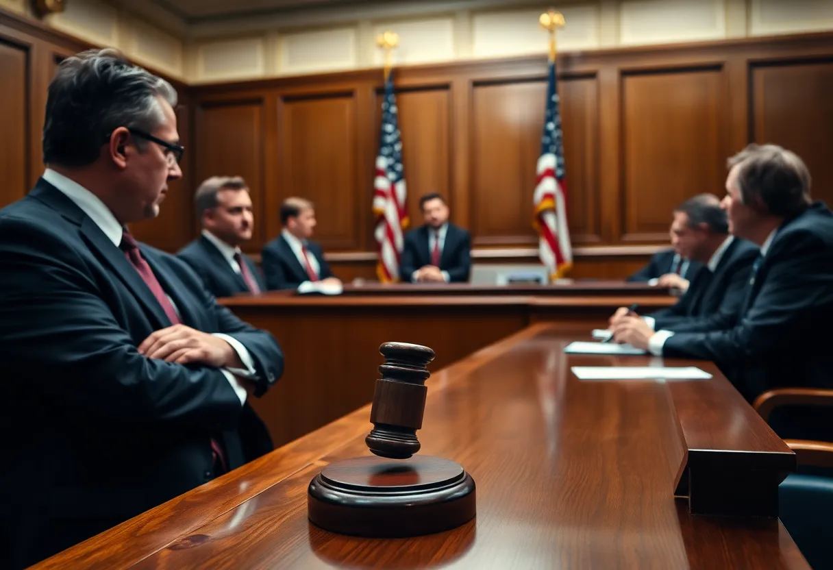 Courtroom scene depicting a trial with legal proceedings