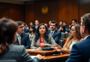 Group of diverse individuals in a courtroom discussing immigration rights.