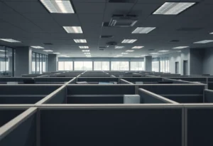 Empty cubicles in a media office after layoffs.