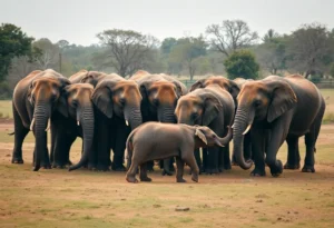 Elephants forming a protective circle around their calves in a wildlife park.