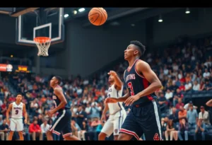 Action shot of collegiate basketball game featuring players in motion.