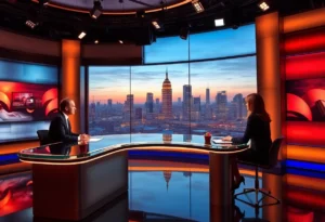 Warm atmosphere in an evening news studio with anchors.