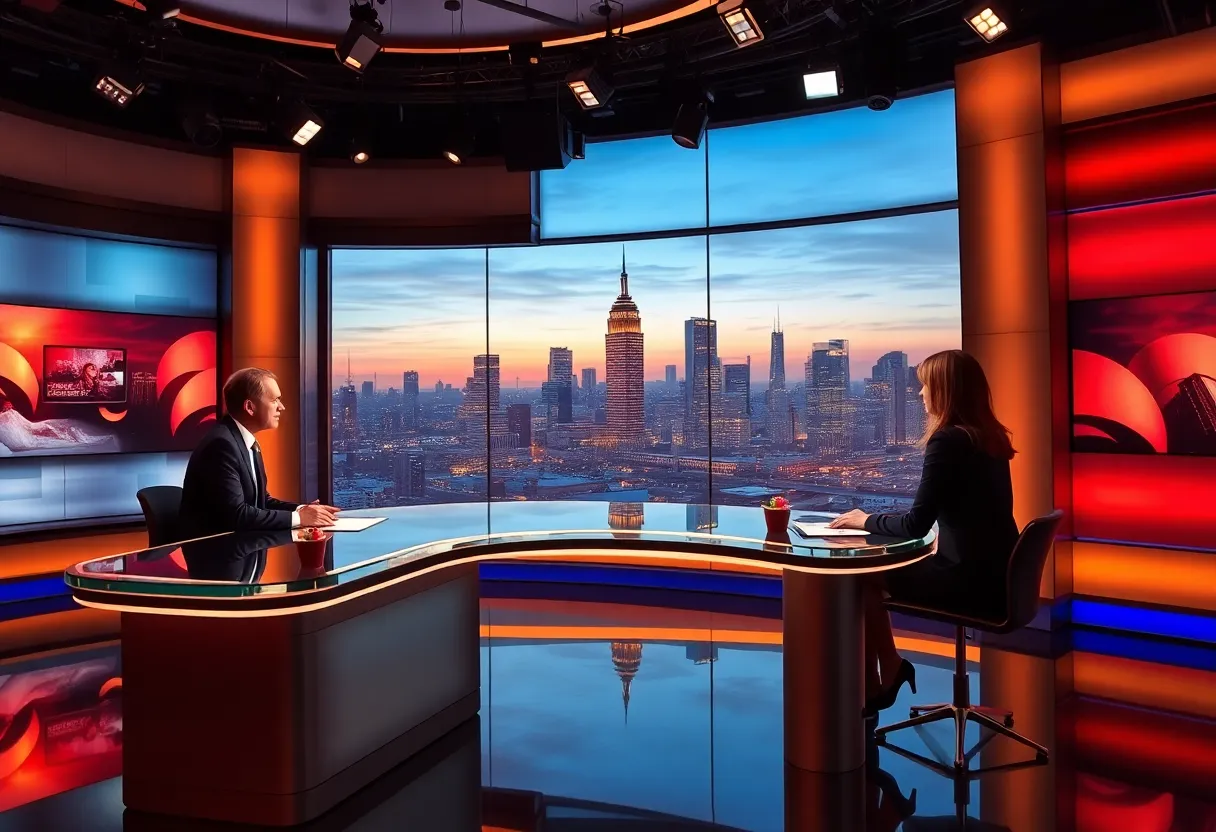 Warm atmosphere in an evening news studio with anchors.