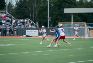 Two lacrosse teams competing in a high-stakes match