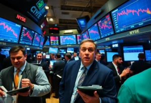 Image depicting a chaotic stock market trading floor during a decline.