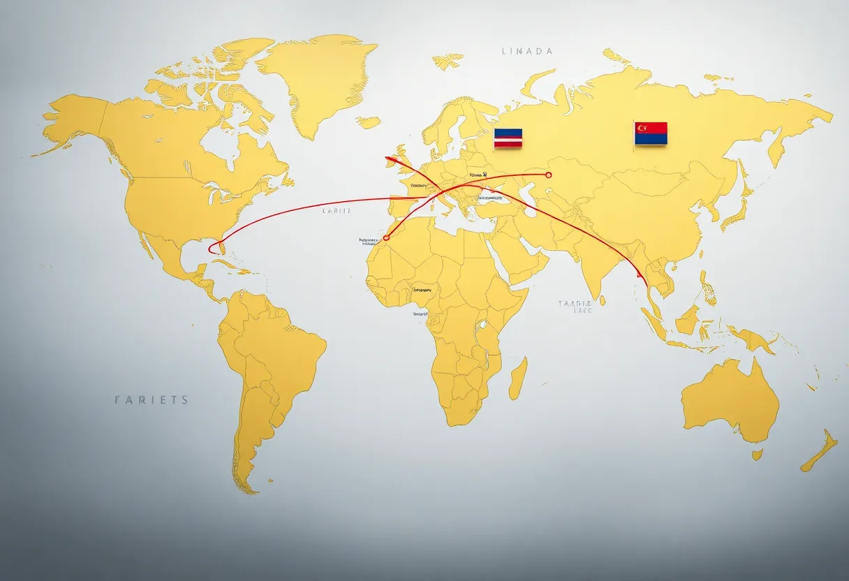 World map showing trade routes and economic symbols representing tariffs.