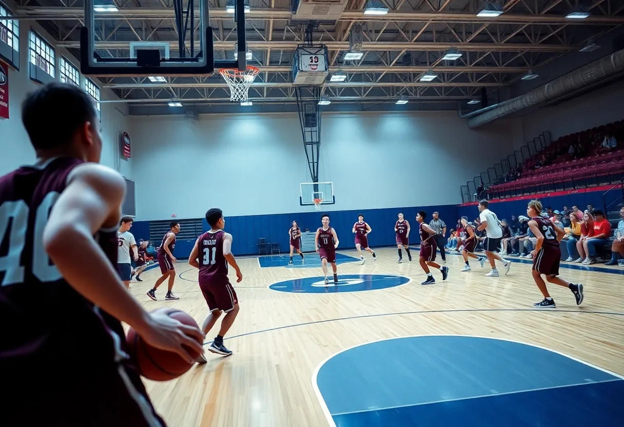 Players engaged in a high-paced basketball game on the court.