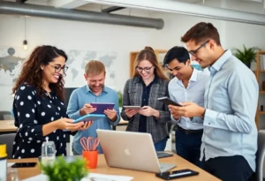 People interacting with digital content in a modern workspace