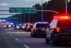 Police vehicles and emergency responders at a shooting scene on the highway.