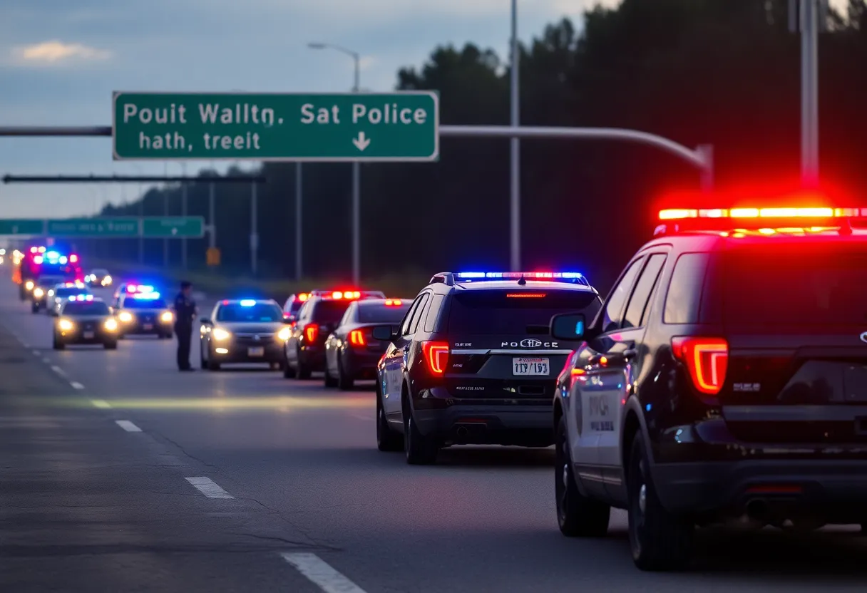 Police vehicles and emergency responders at a shooting scene on the highway.