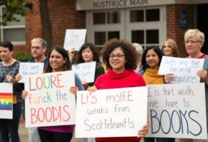 Parents protesting against LGBTQ+ book policy changes at a school.