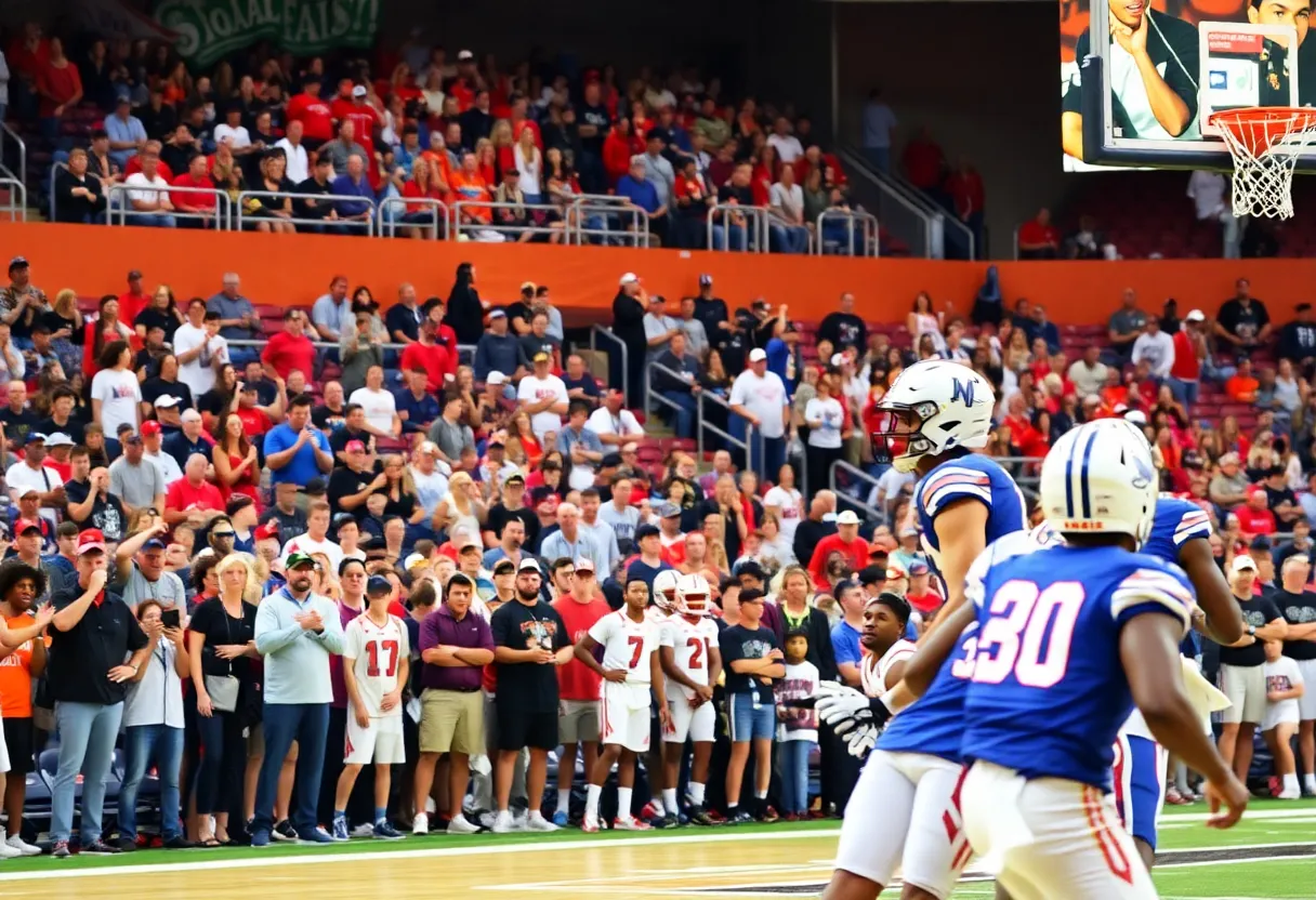 NC State basketball and football fans cheering in the stands