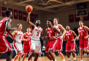 NC State basketball players competing on the court.