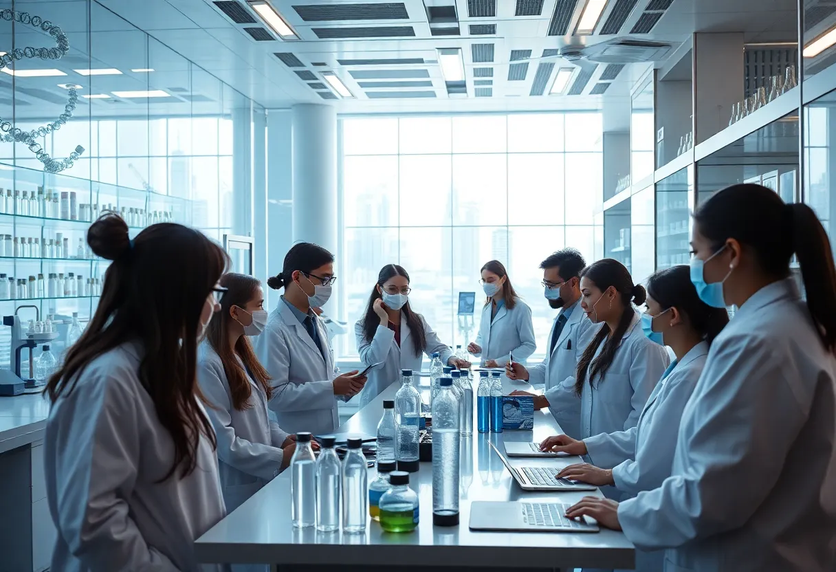 Representation of scientists working together in a futuristic lab setting.