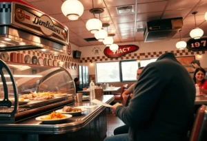 Interior view of Passmore's Grocery and Grill with happy customers and food.