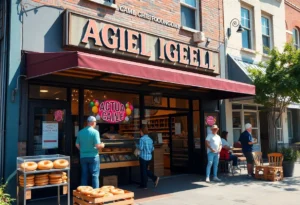 Outdoor seating area of PopUp Bagels in Charlotte, showcasing variety of bagels.