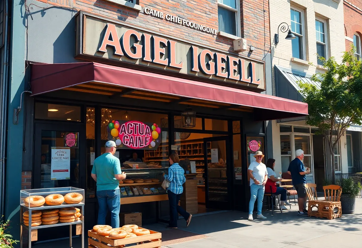 Outdoor seating area of PopUp Bagels in Charlotte, showcasing variety of bagels.
