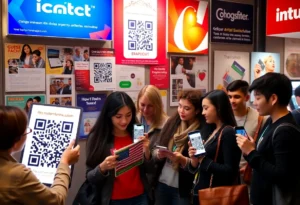 A vibrant display of QR codes on marketing materials with people engaging with them.