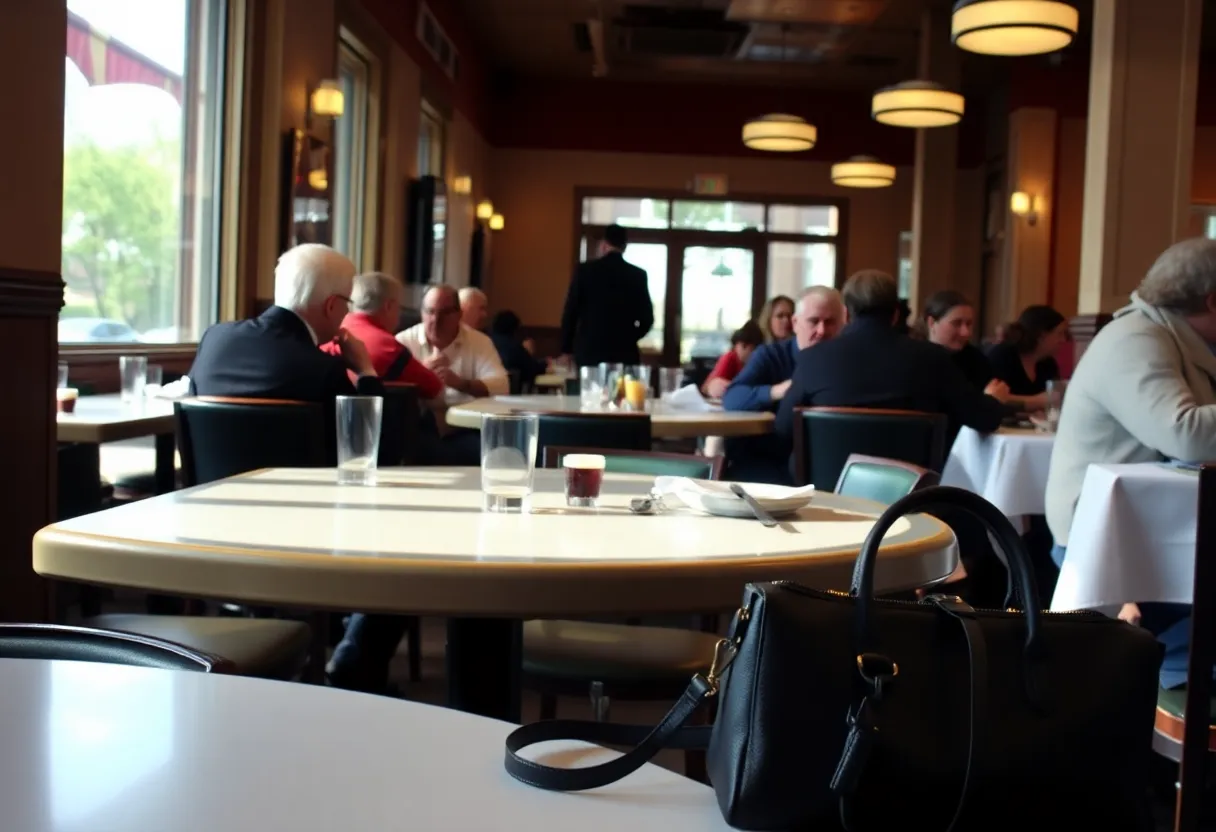 Restaurant interior with patrons and a suspicious figure in the background