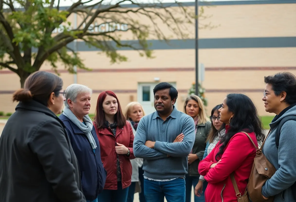 Community members discussing safety following a teacher's arrest.