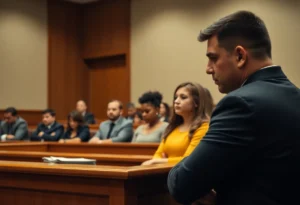 Emotionally charged courtroom interior during a youth violent crime plea.