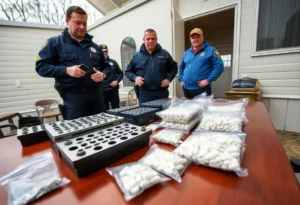 Law enforcement raid on a drug operation with pill presses and fentanyl seizures