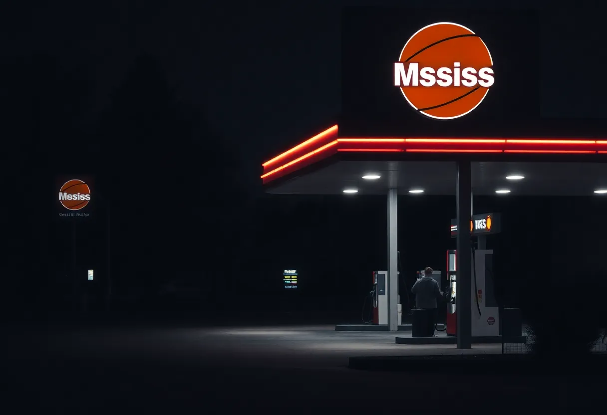 Gas station lit up at night, symbolizing a community's grief after a tragic shooting.