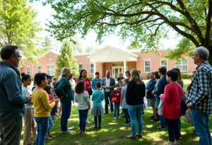 Community members discussing safety outside Rock Hill Middle School