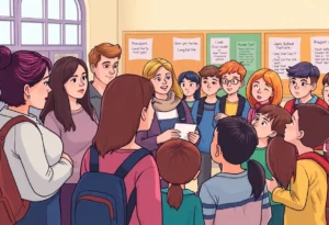 Concerned parents and children at a school community meeting