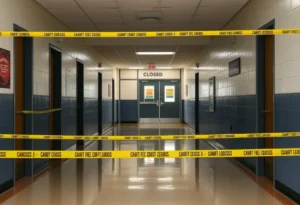 Deserted school hallway with caution tape