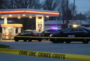 Police cars at a gas station after a tragic shooting