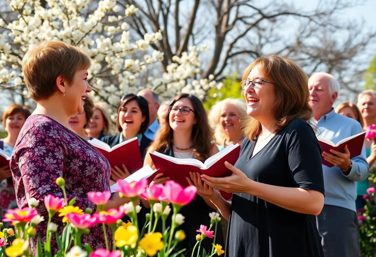 A community choir performing at the Rock Hill Spring Concert amidst blooming flowers.
