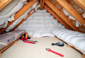 Worker installing roof insulation in an attic