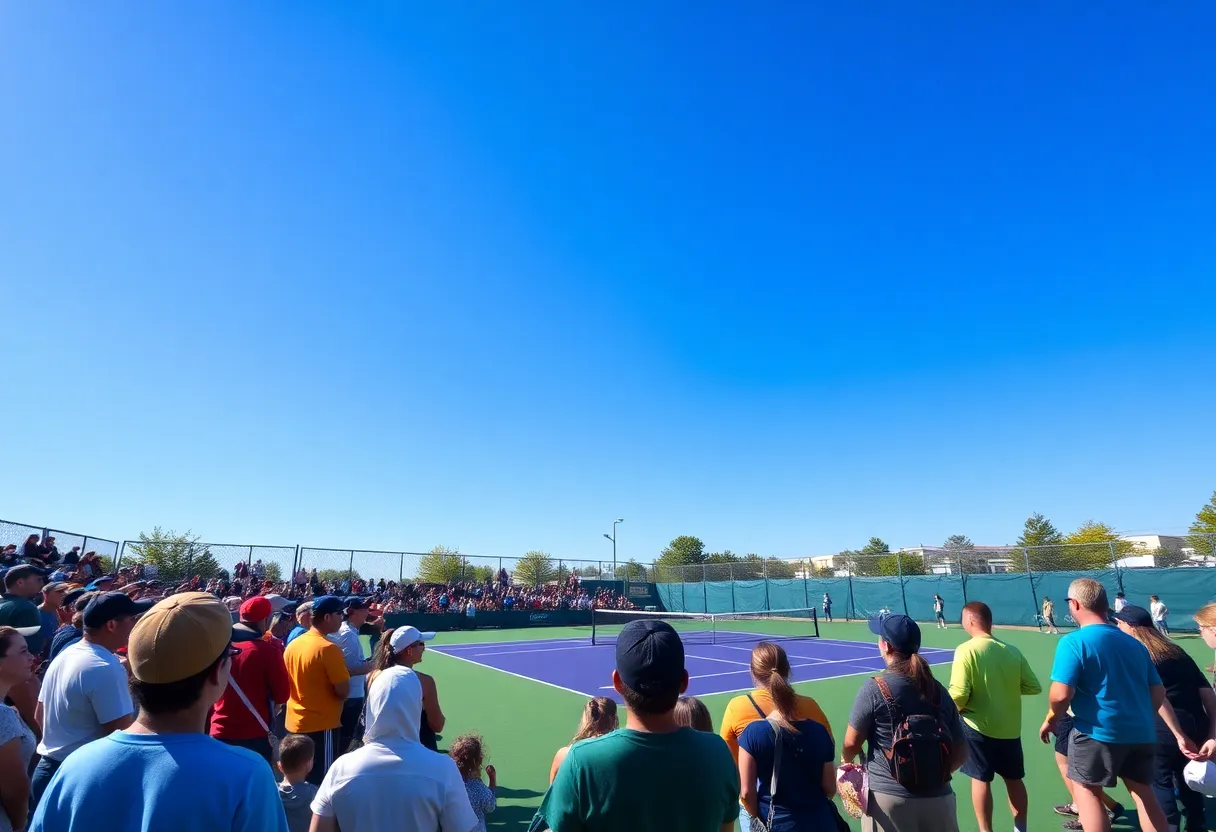 High school boys tennis match with fans in the background
