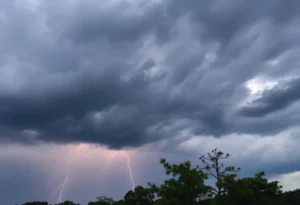 Dramatic dark clouds indicating a severe thunderstorm in South Carolina.