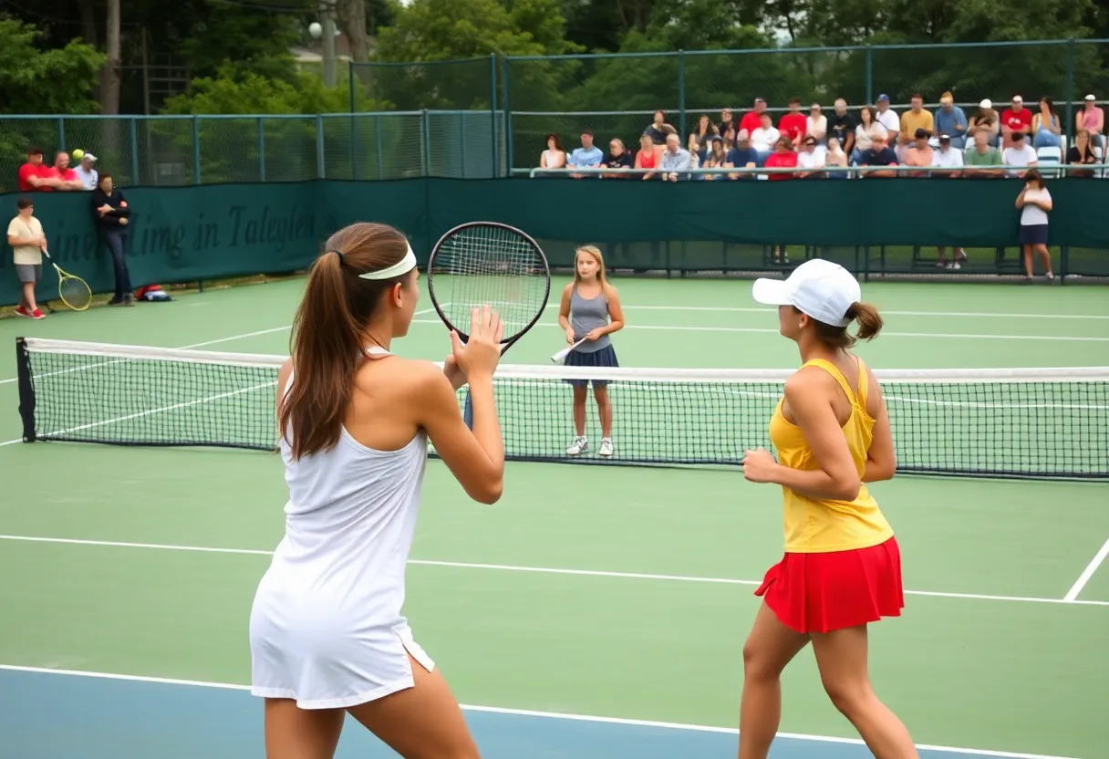 High school tennis playoffs match with players competing on court.