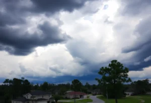 Dark storm clouds over residential buildings in York County