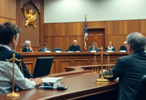 Judges in a courtroom discussing a healthcare case