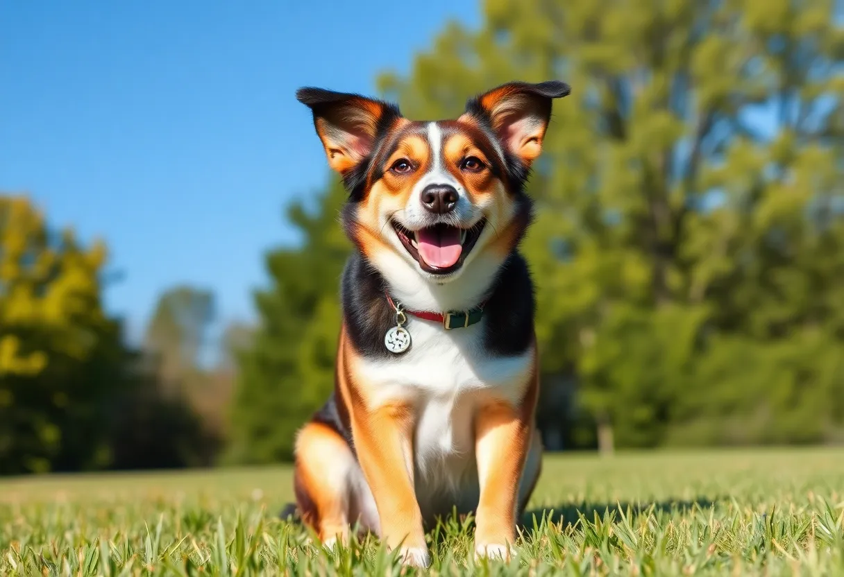 Tiburon, a friendly dog sitting in a sunny park, ready to be adopted.