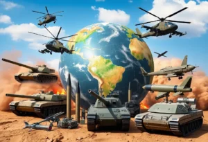 Representation of U.S. arms exports with military equipment and a globe.