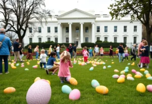 Families celebrating at the White House Easter Egg Roll with colorful eggs and children enjoying activities.