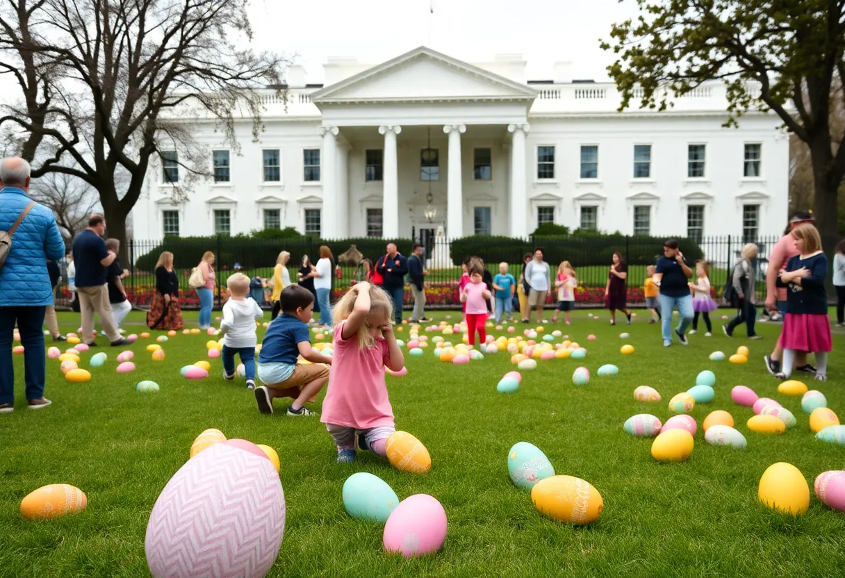 Families celebrating at the White House Easter Egg Roll with colorful eggs and children enjoying activities.