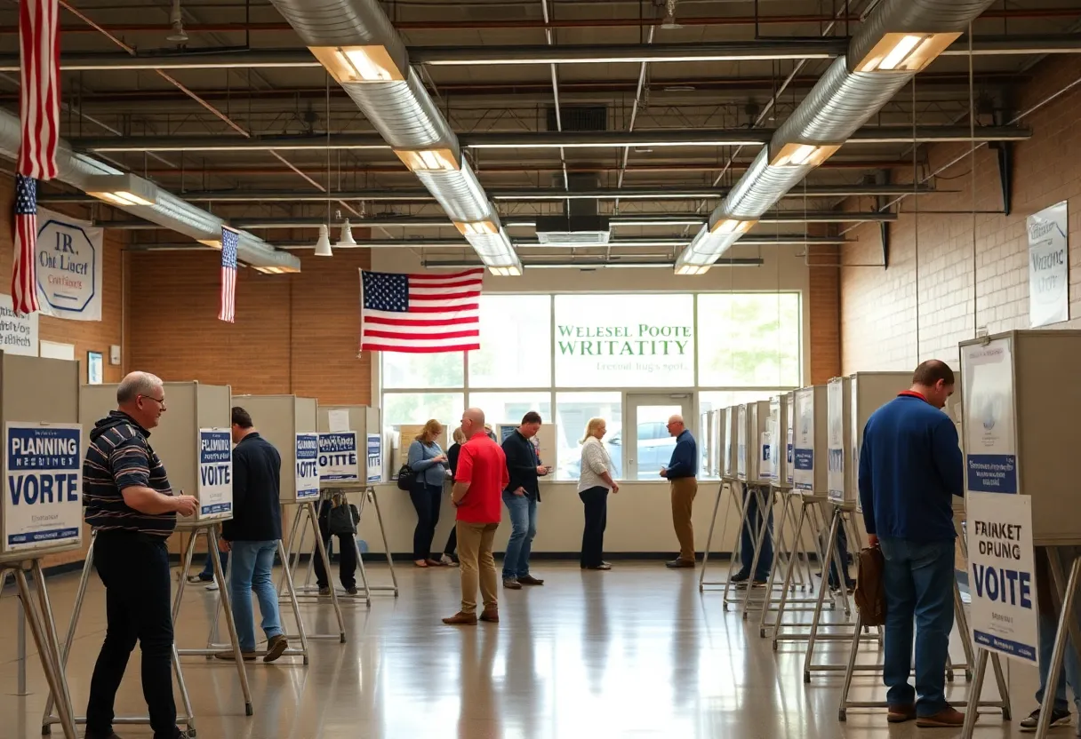 Election campaign scene in Wisconsin with voters and signs